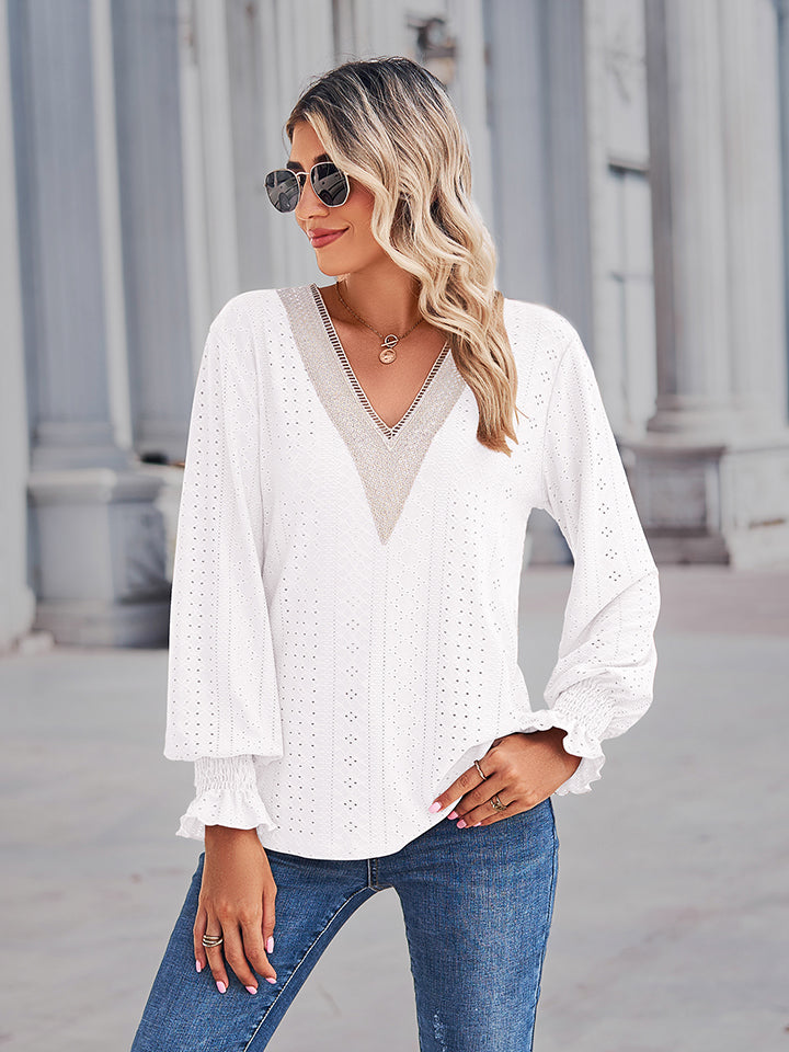 V-Neck Eyelet Flounce Sleeve Blouse – Trendsi | ClozArt