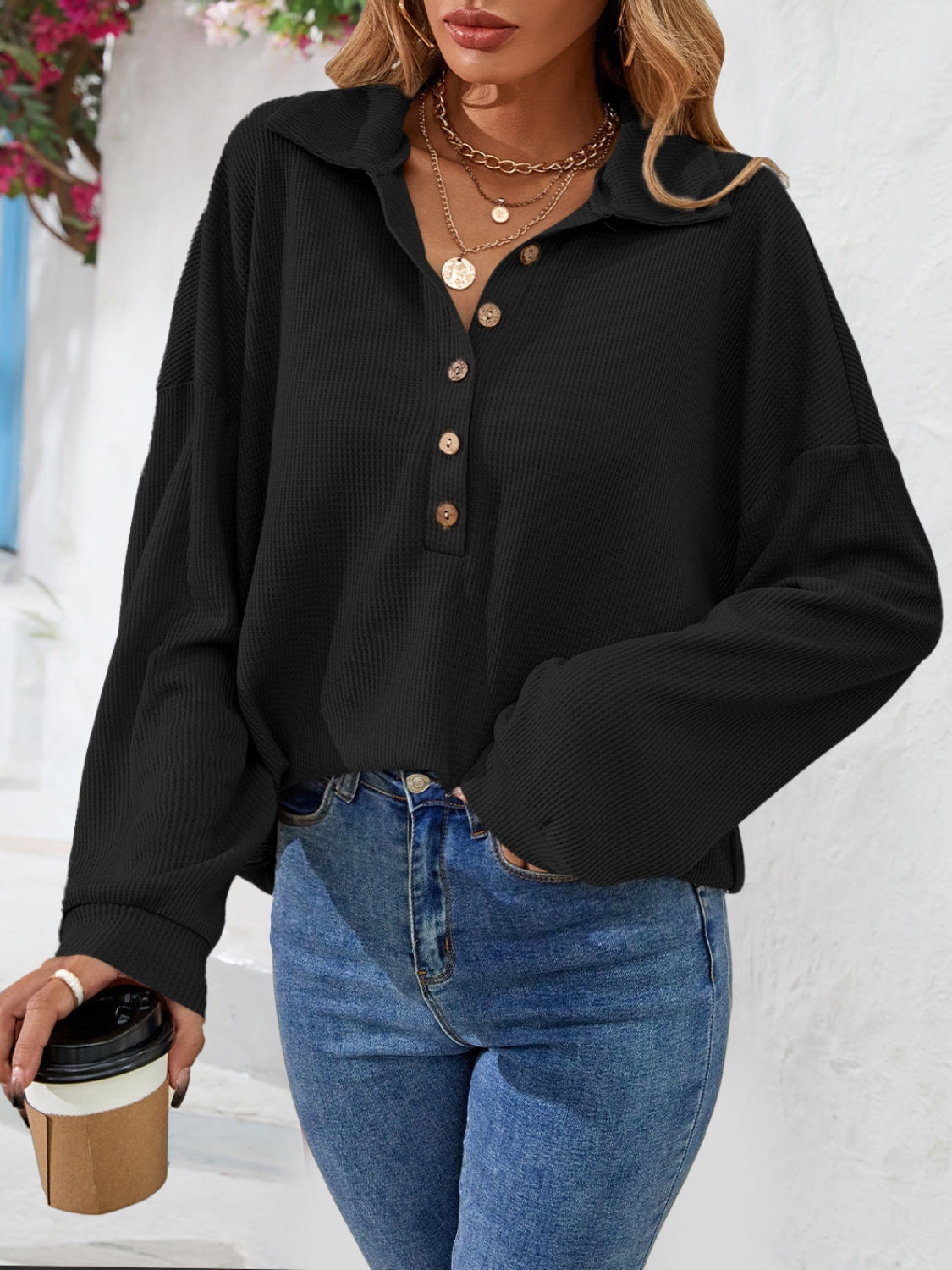 Half Button Collared Neck Long Sleeve Top – Trendsi | ClozArt