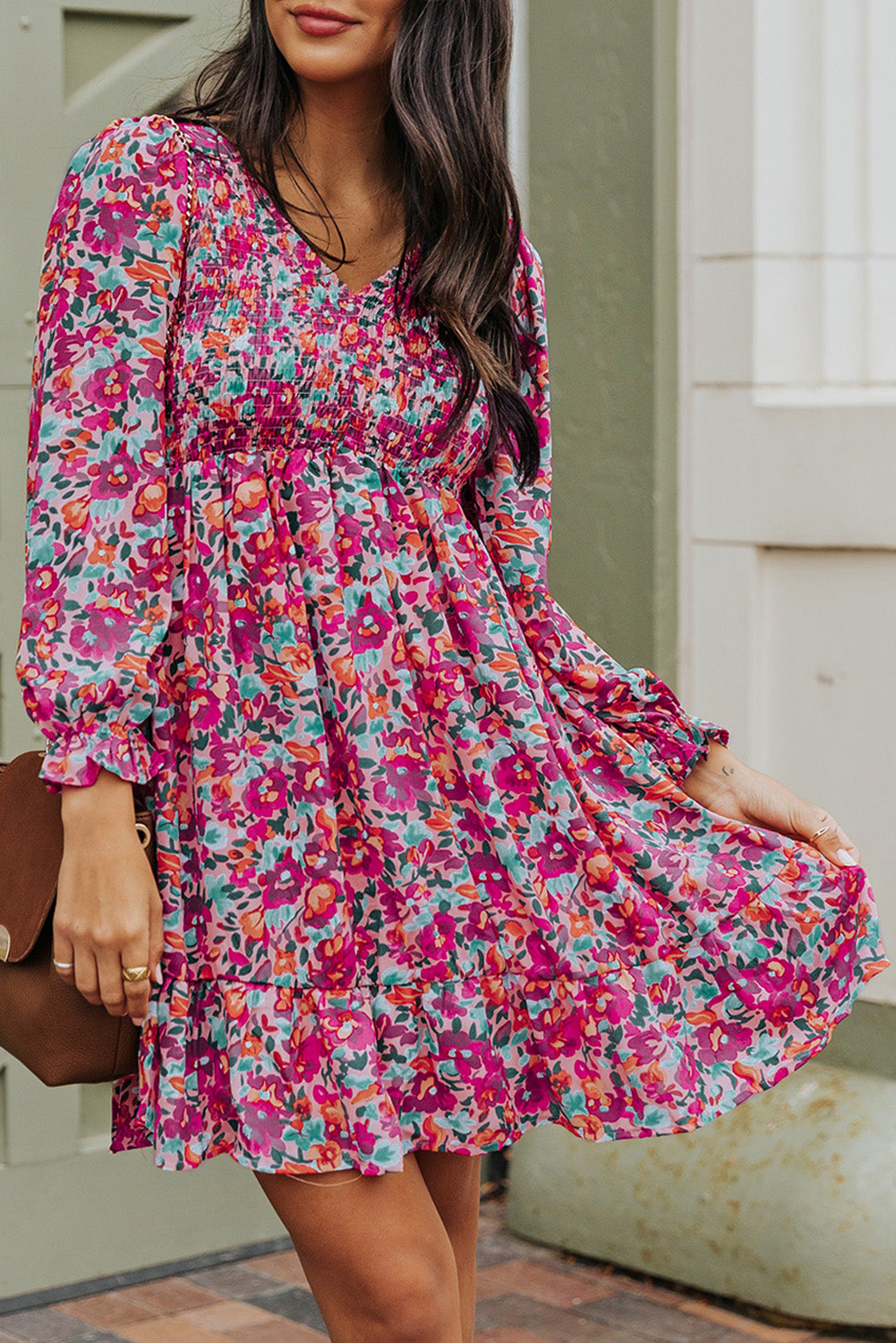 Floral Smocked V-Neck Flounce Sleeve Dress – Trendsi | ClozArt