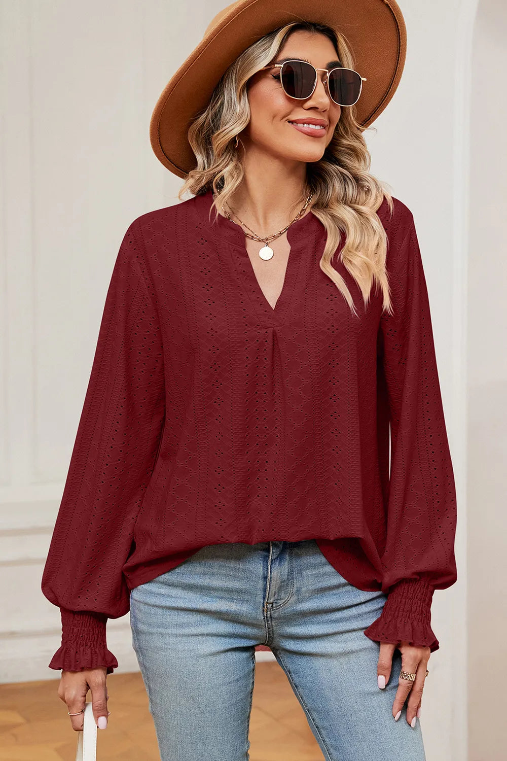 Eyelet Notched Long Sleeve T-Shirt – Trendsi | ClozArt