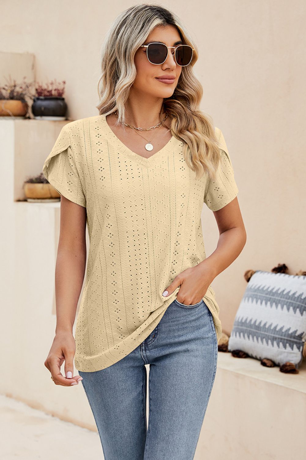 Eyelet Petal Sleeve V-Neck Knit Top – Trendsi | ClozArt