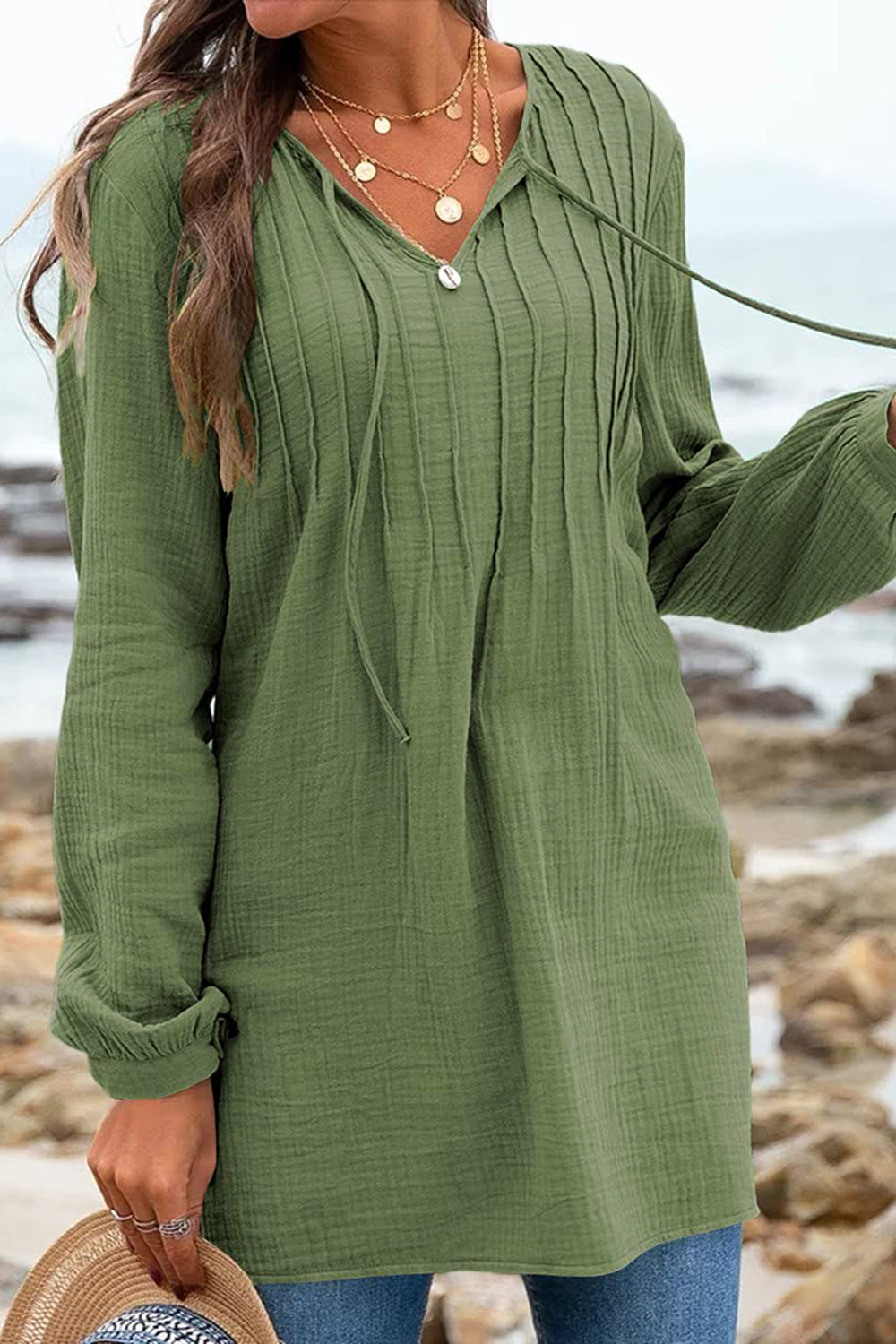 Ruched Long Sleeve Tie Neck T-Shirt – Trendsi | ClozArt