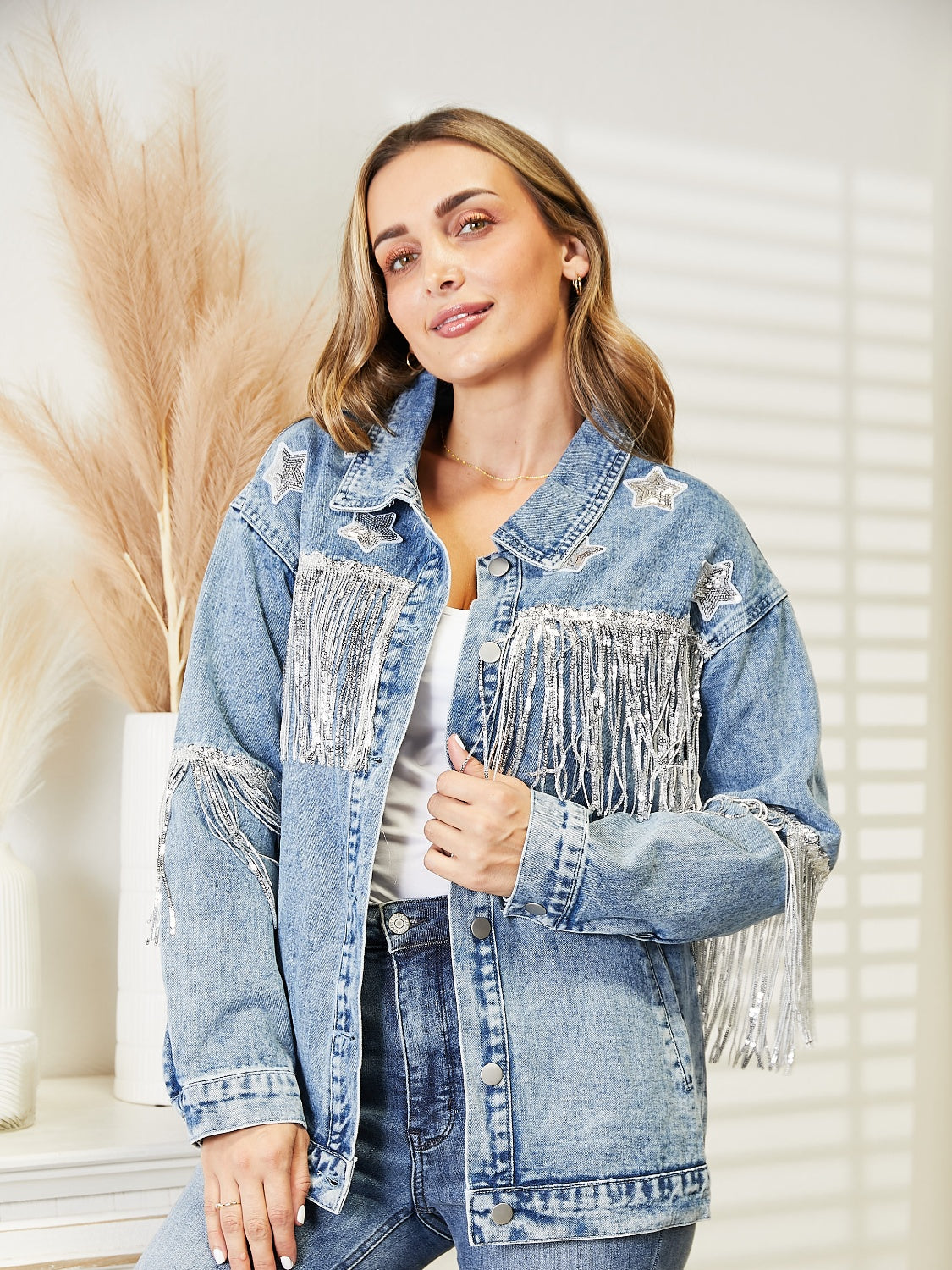 Fringe Detail Long Sleeve Denim Jacket – Trendsi | ClozArt