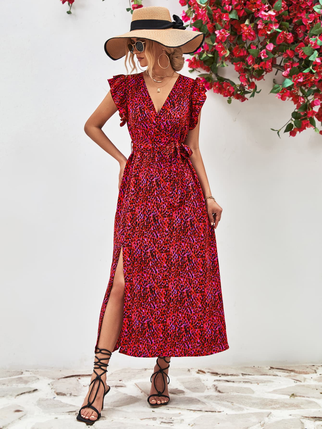Printed Surplice Neck Flutter Sleeve Slit Dress – Trendsi | ClozArt