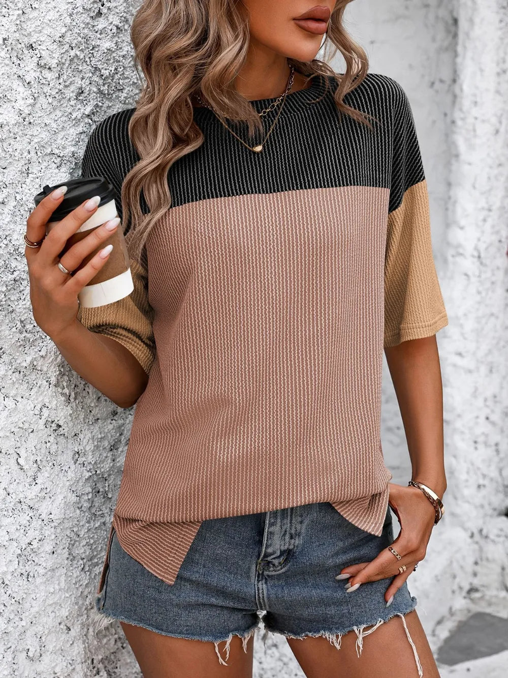 Mandy Color Block Round Neck Half Sleeve T-Shirt – Trendsi | ClozArt