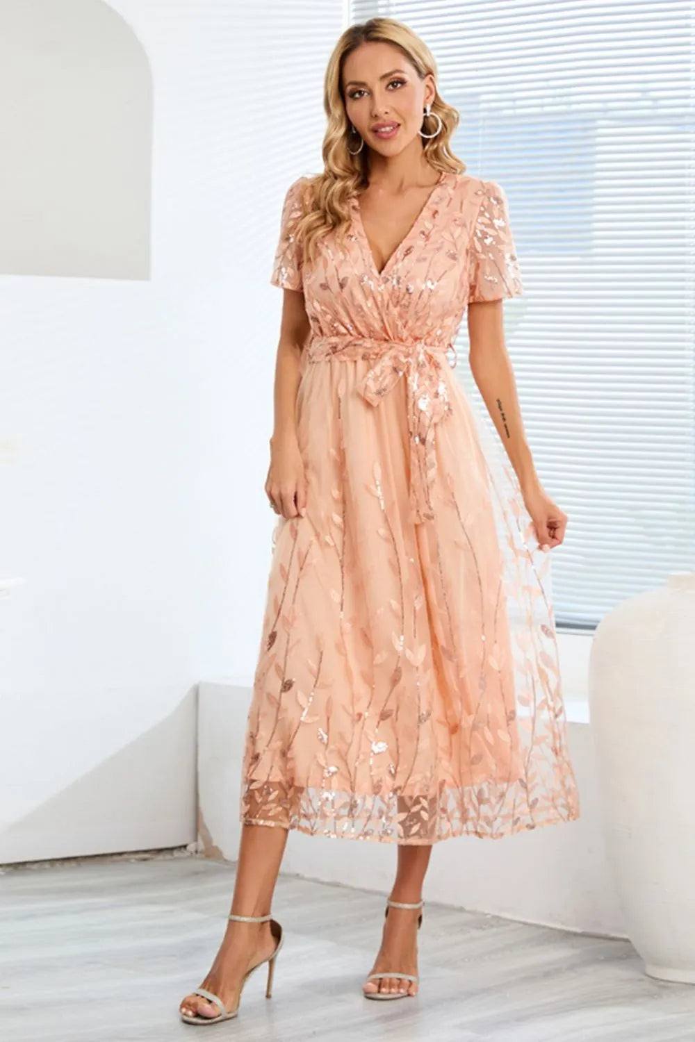 Sequin Leaf Embroidery Tie Front Short Sleeve Dress – Trendsi | ClozArt