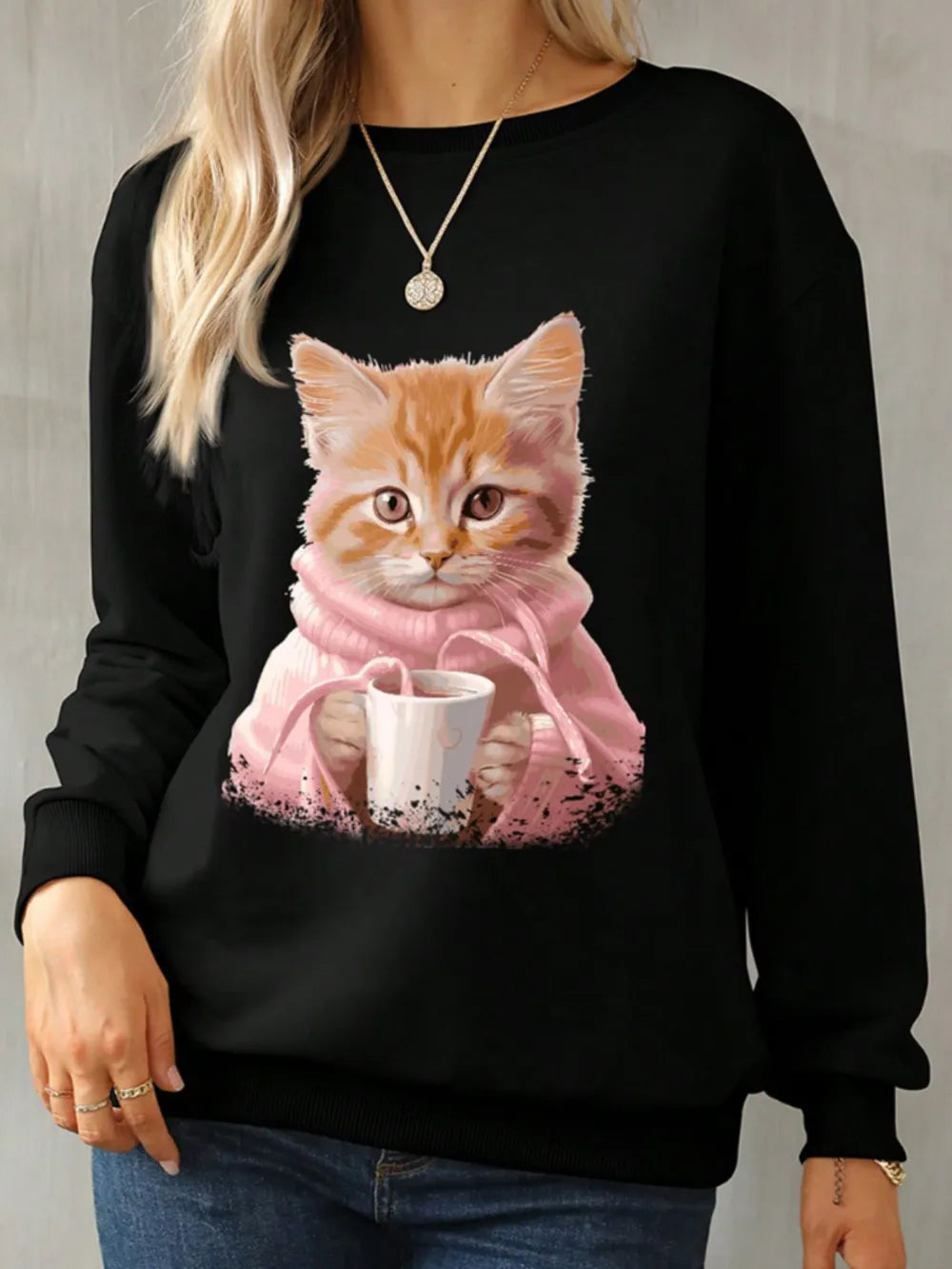Cat Round Neck Long Sleeve Sweatshirt – Trendsi | ClozArt