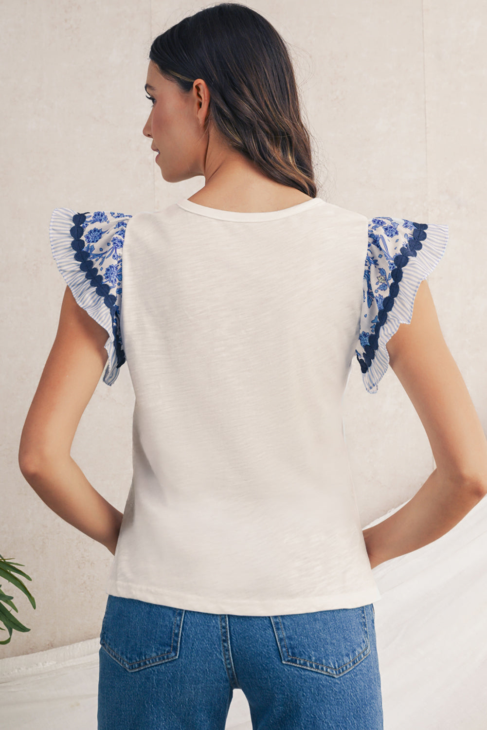 Rose Floral Striped Patchwork Flutter Sleeve Blouse – Shewin | ClozArt