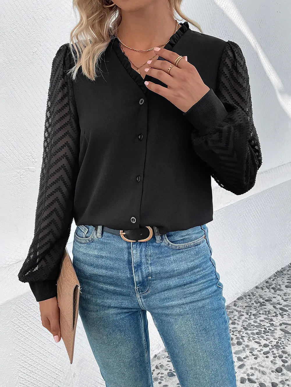 Perfee Mesh V-Neck Button Front Blouse – Trendsi | ClozArt