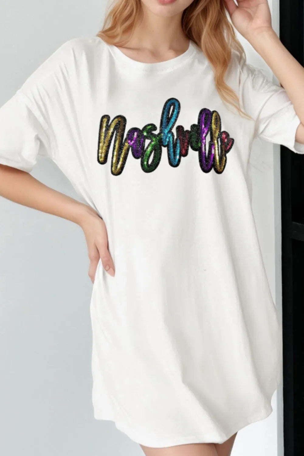 Sequin Round Neck Short Sleeve Oversized T-Shirt – Trendsi | ClozArt