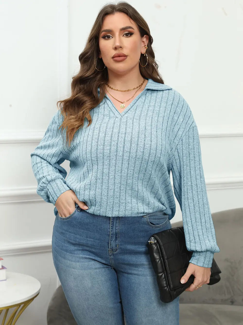 Plus Size Ribbed Collared Neck Long Sleeve Blouse – Trendsi | ClozArt