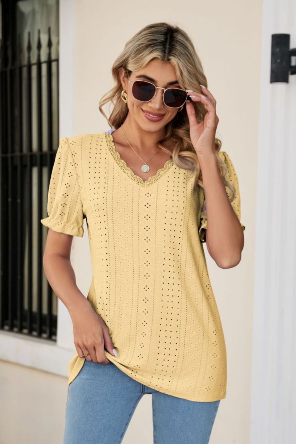 Eyelet Flounce Sleeve Scalloped V-Neck Top – Trendsi | ClozArt