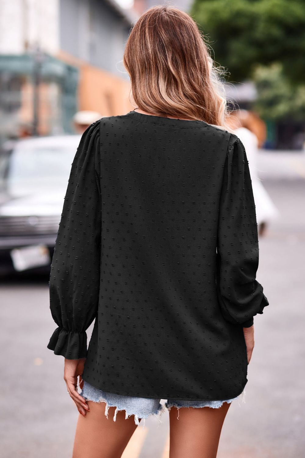 Swiss Dot Notched Neck Flounce Sleeve Blouse – Trendsi | ClozArt