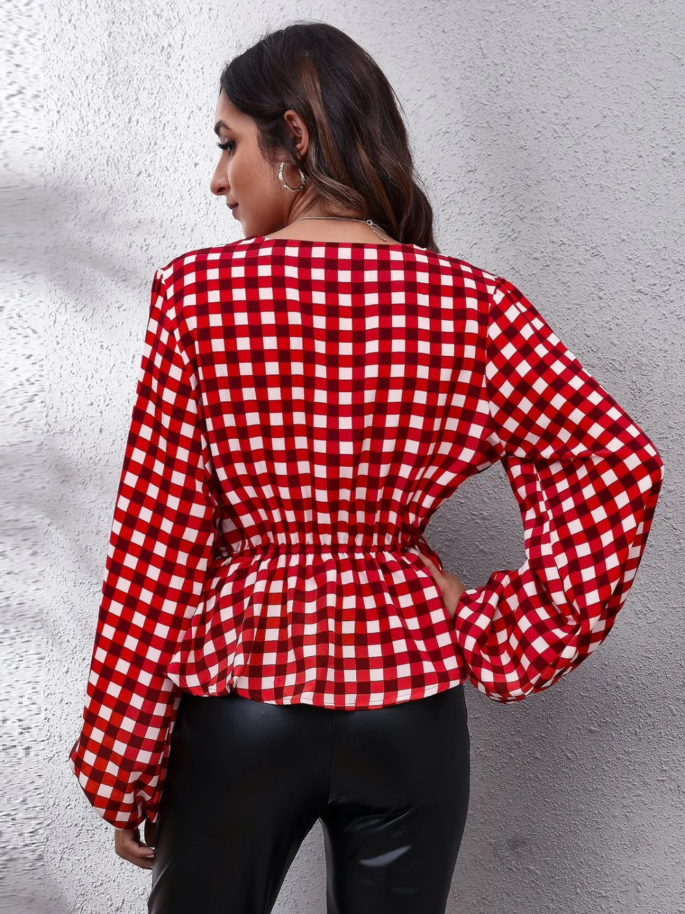 Plaid V-Neck Balloon Sleeve Peplum Blouse – Trendsi | ClozArt