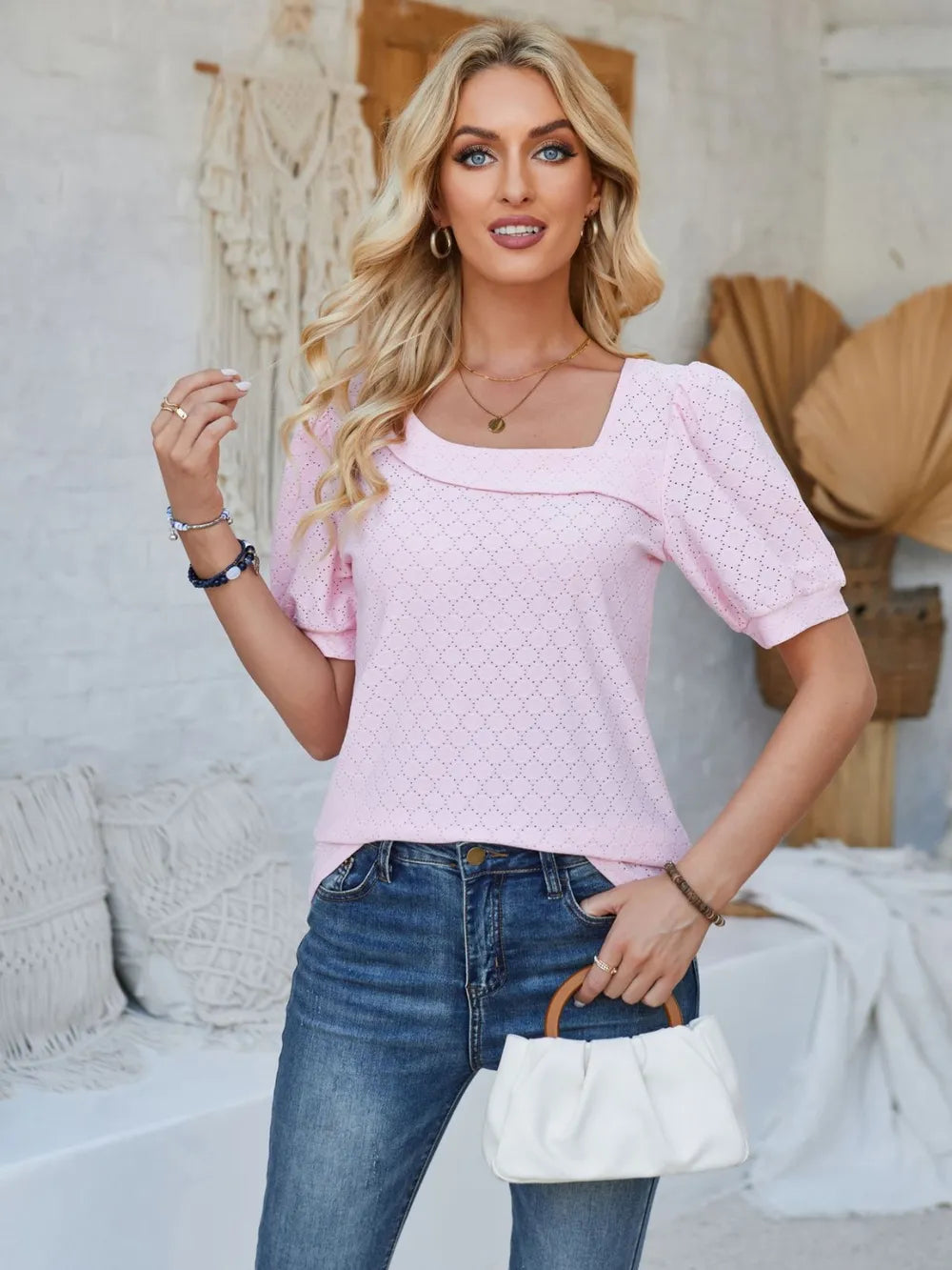 Eyelet Asymmetrical Neck Short Sleeve T-Shirt – Trendsi | ClozArt