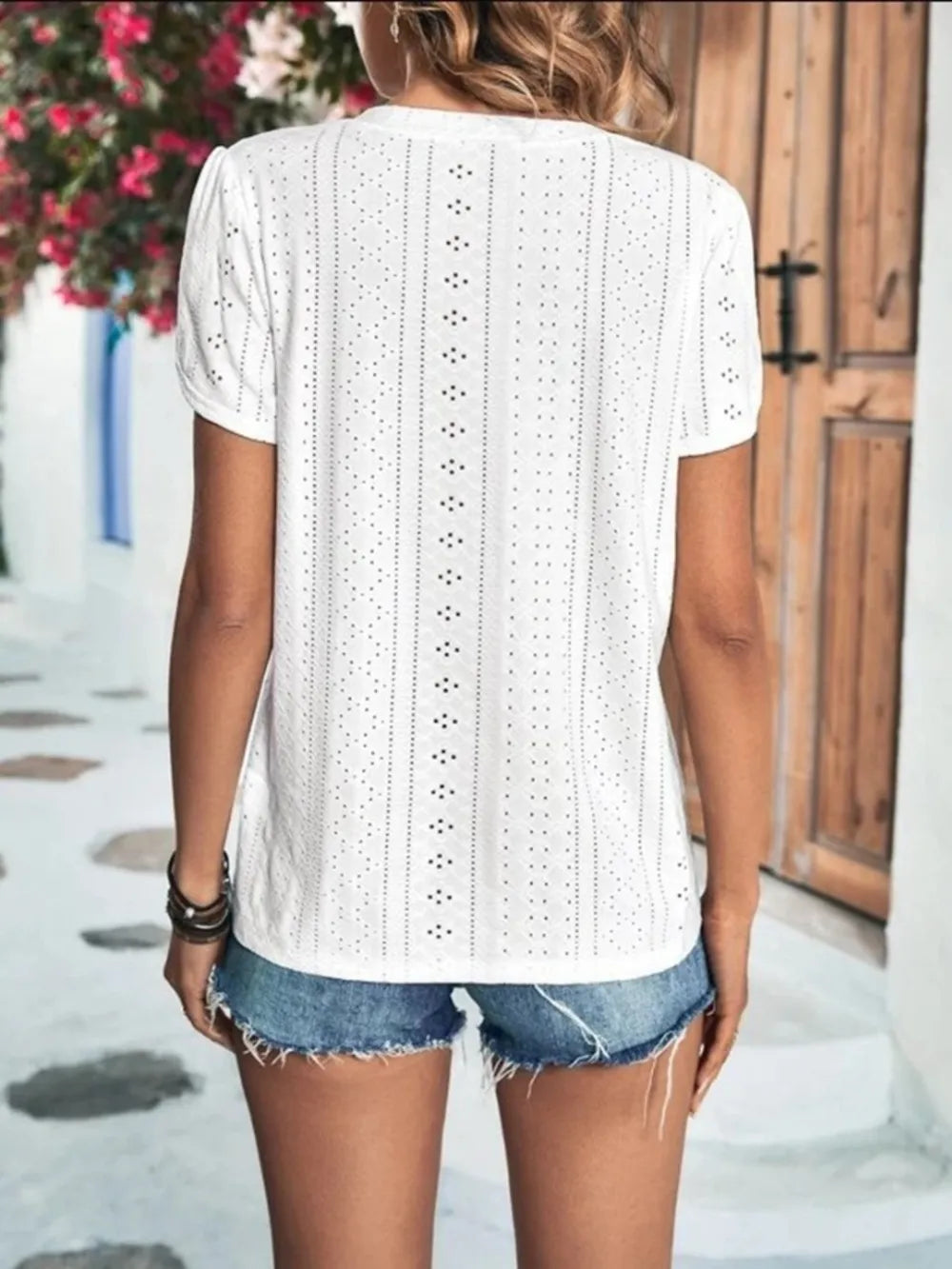 Eyelet V-Neck Petal Sleeve T-Shirt – Trendsi | ClozArt