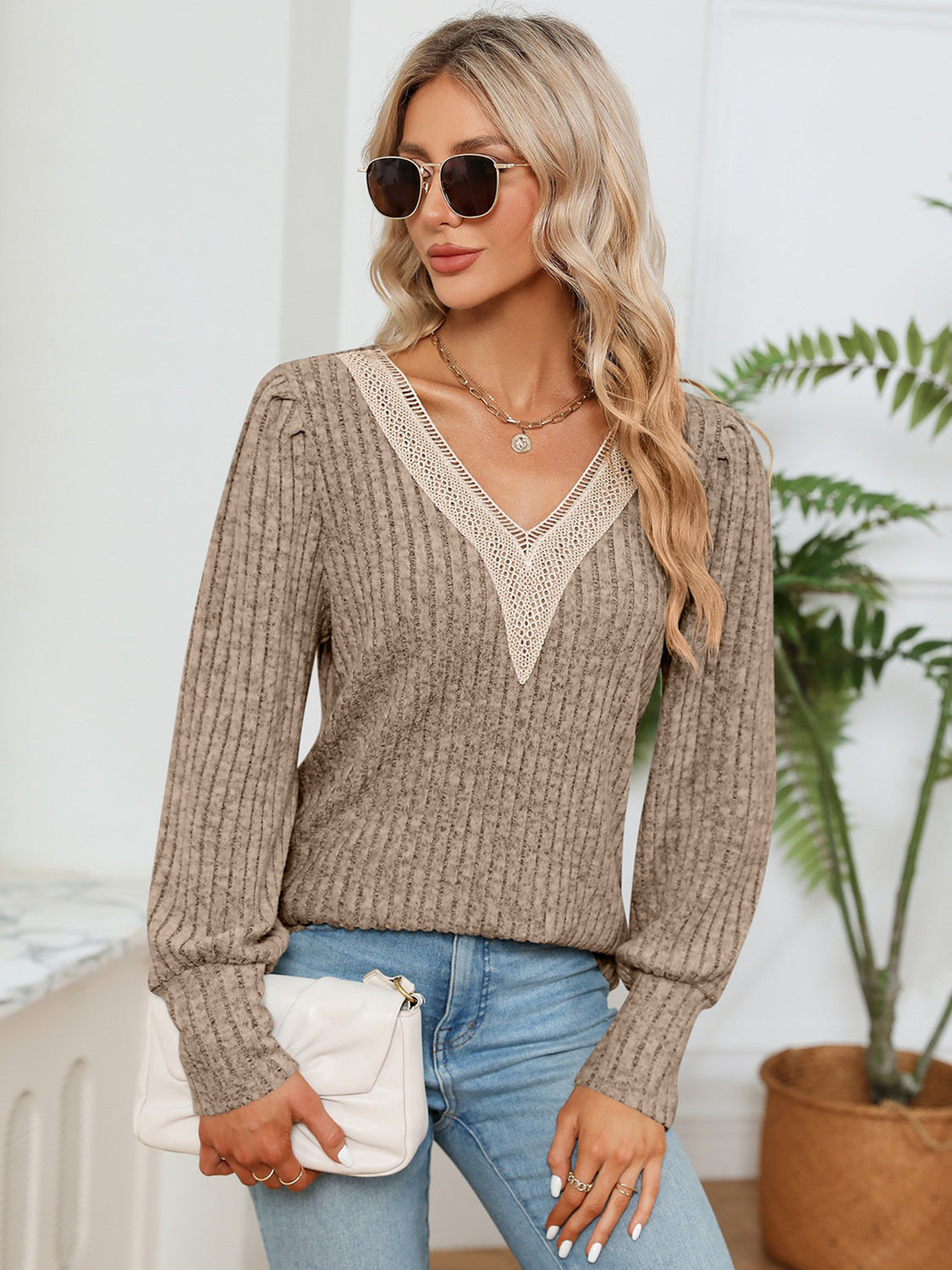 Lace Detail V-Neck Ribbed Blouse – Trendsi | ClozArt