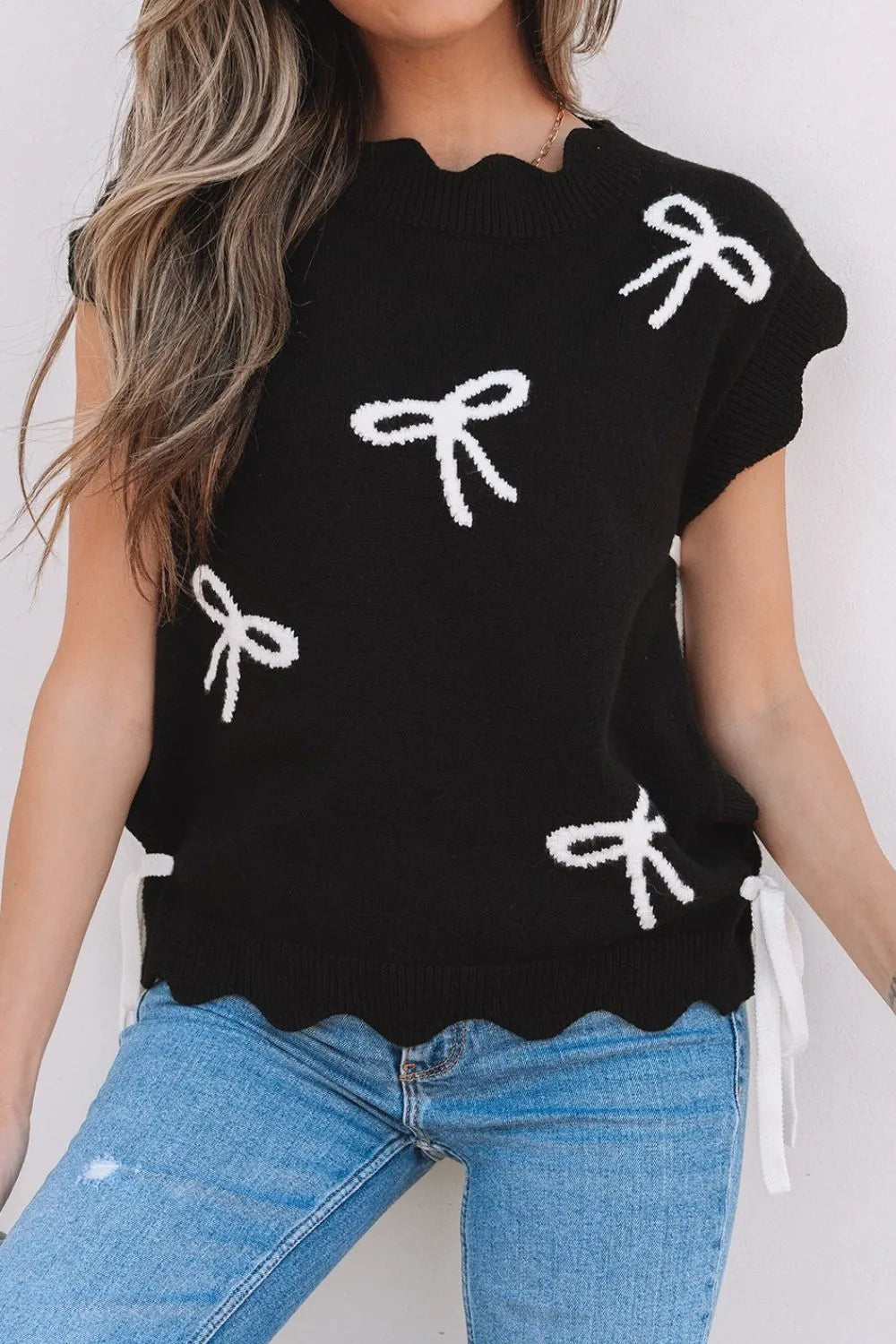 Bow Side Ties Scalloped Hem Cap Sleeve Sweater – Trendsi | ClozArt