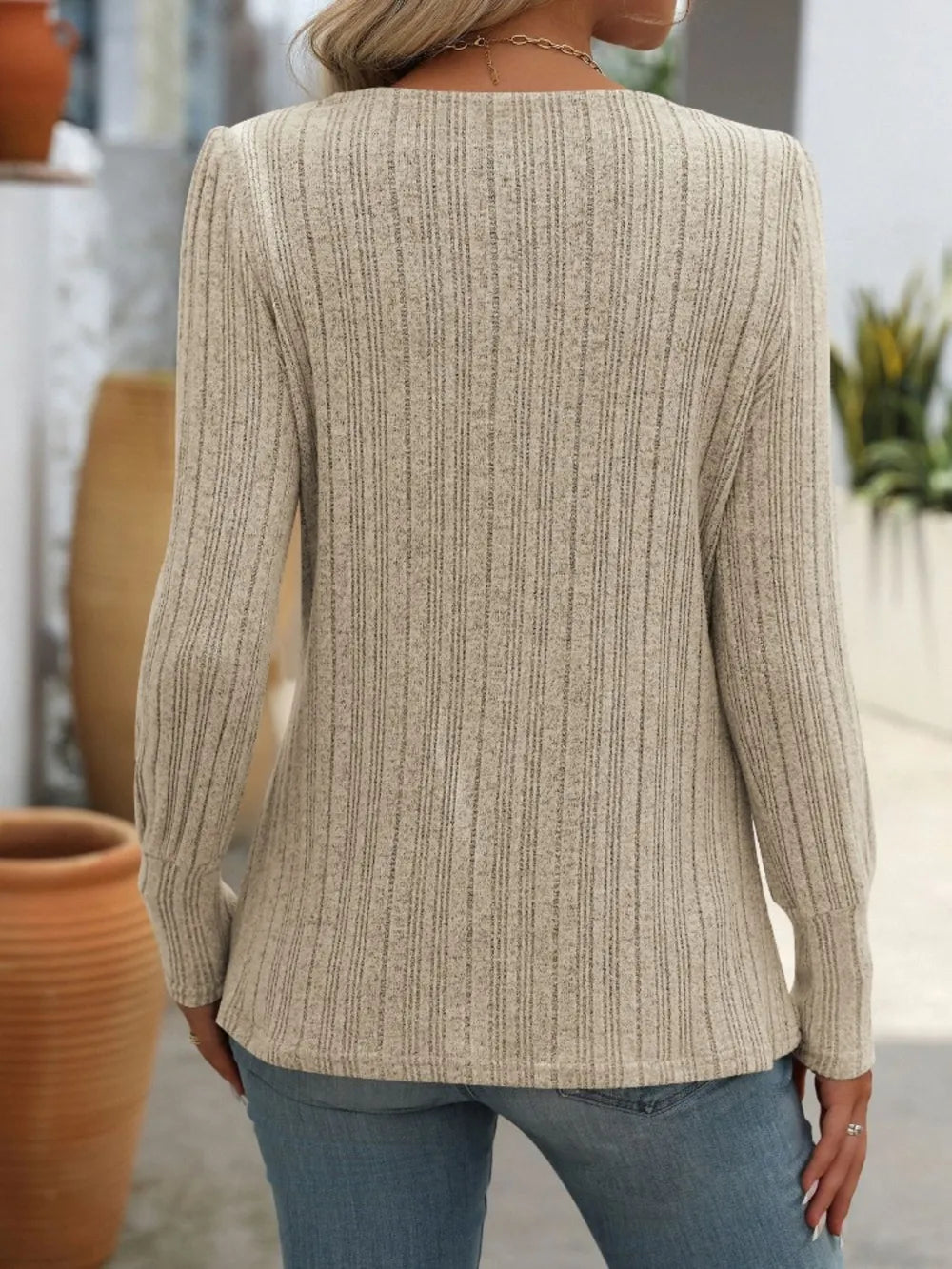 Mandy Decorative Button Striped Square Neck Long Sleeve T-Shirt – Trendsi | ClozArt