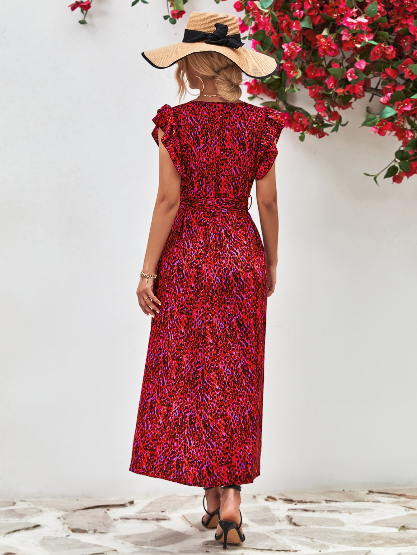 Printed Surplice Neck Flutter Sleeve Slit Dress – Trendsi | ClozArt