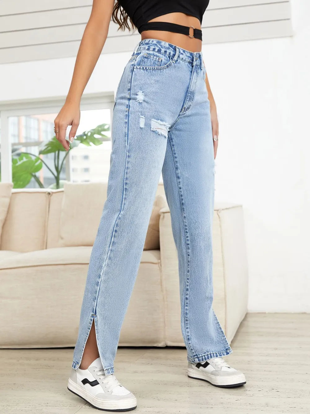 Distressed Slit Straight Leg Jeans – Trendsi | ClozArt