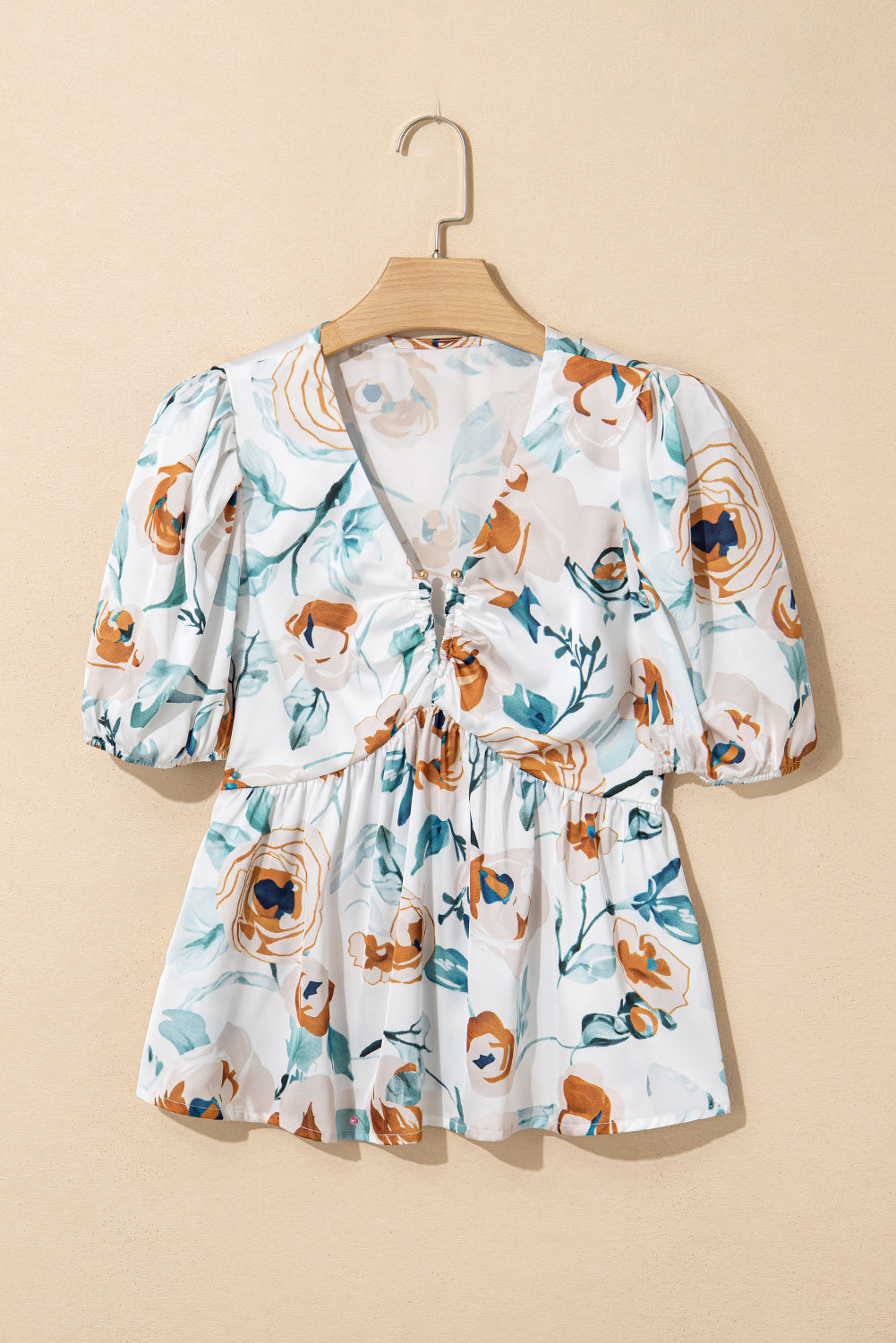 Green Floral Print Puff Sleeve V Neck Babydoll Blouse – Shewin | ClozArt