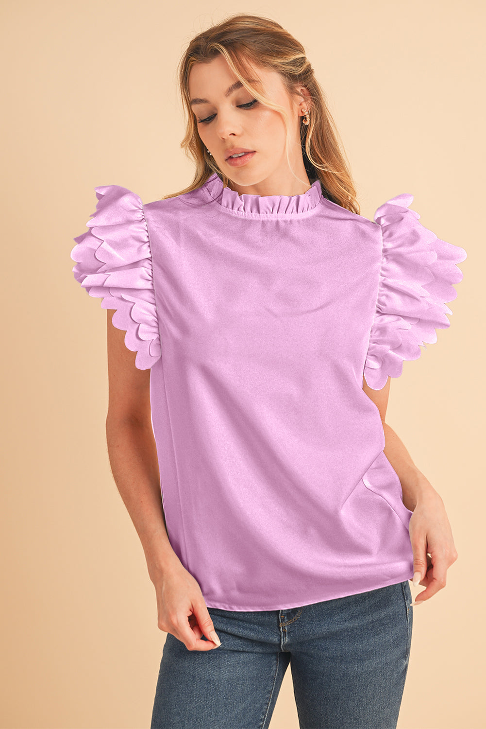 Bright Pink Solid Scalloped Ruffle Sleeve Blouse – Shewin | ClozArt