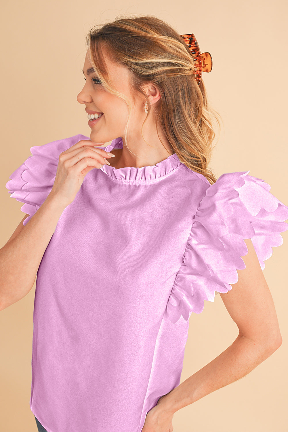 Bright Pink Solid Scalloped Ruffle Sleeve Blouse – Shewin | ClozArt