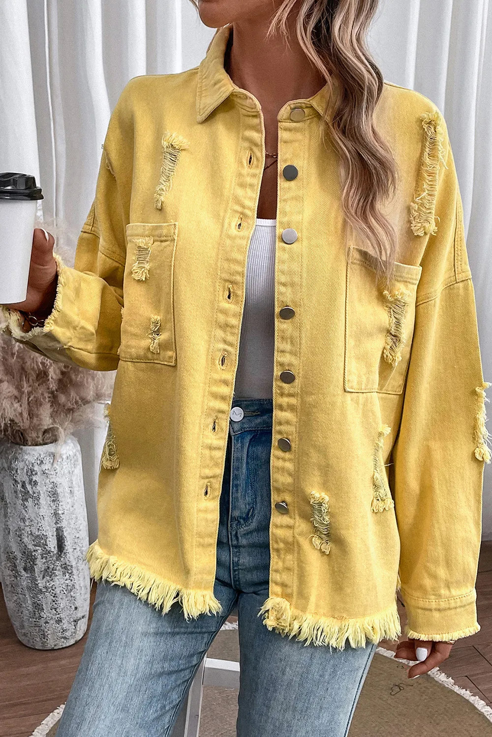 Distressed Button Up Raw Hem Denim Jacket – Trendsi | ClozArt