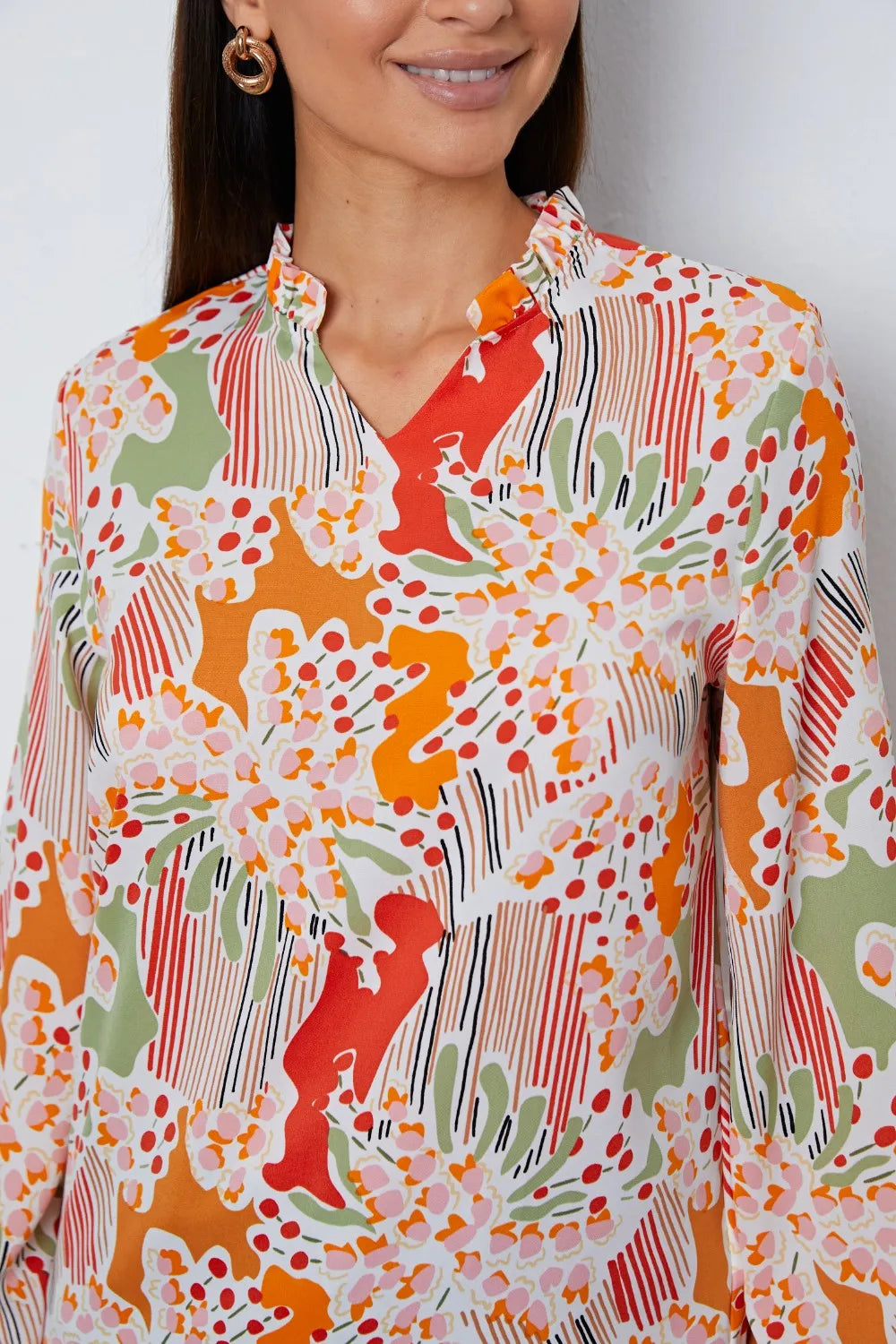 Floral Frill Notched Long Sleeve Blouse – Trendsi | ClozArt