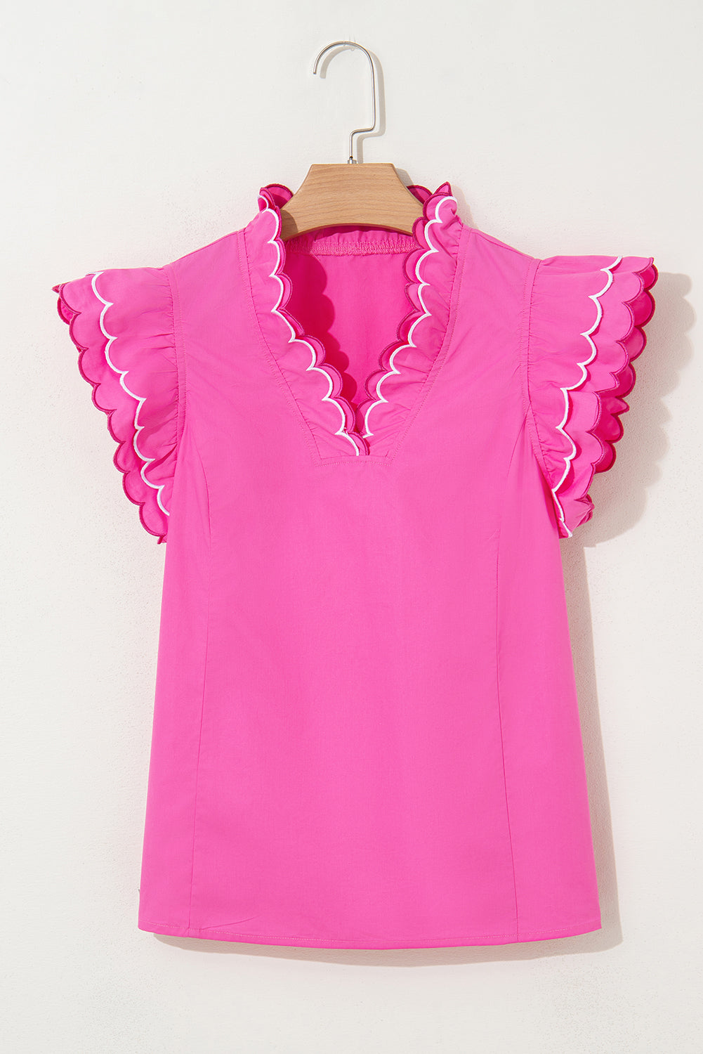 Bright Pink Scallop Trim V Neck Layered Short Sleeve Blouse – Shewin | ClozArt