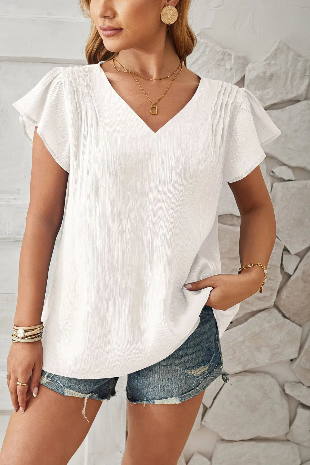 V-Neck Flutter Sleeve T-Shirt – Trendsi | ClozArt