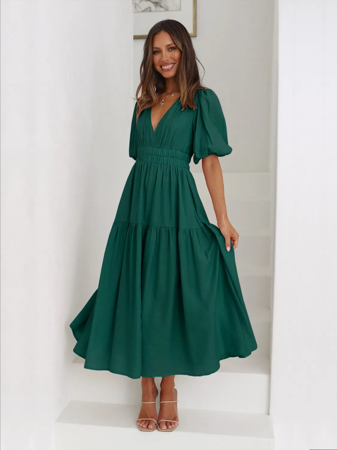 Tiered Surplice Half Sleeve Midi Dress – Trendsi | ClozArt