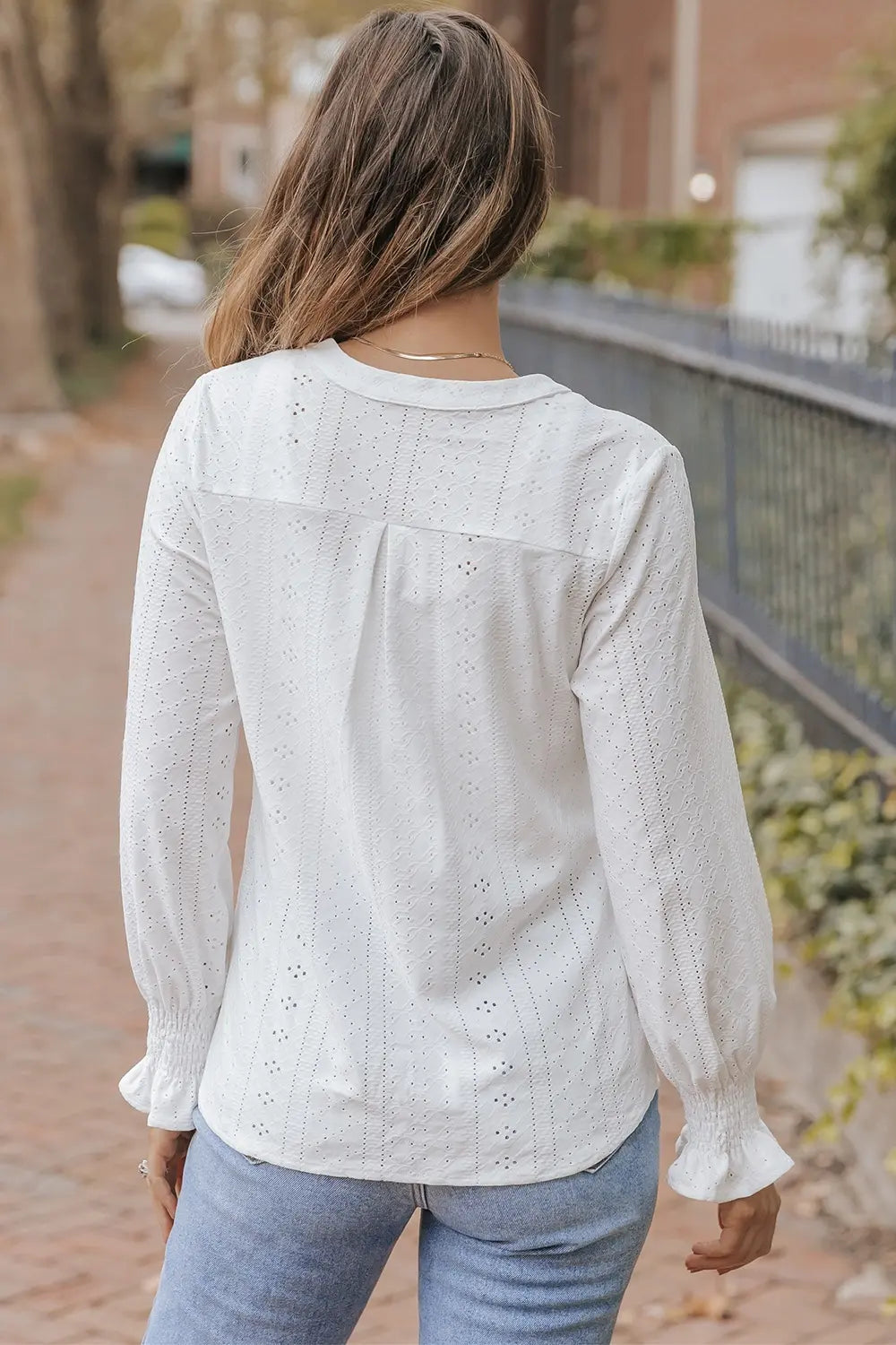 Openwork Notched Flounce Sleeve Blouse – Trendsi | ClozArt