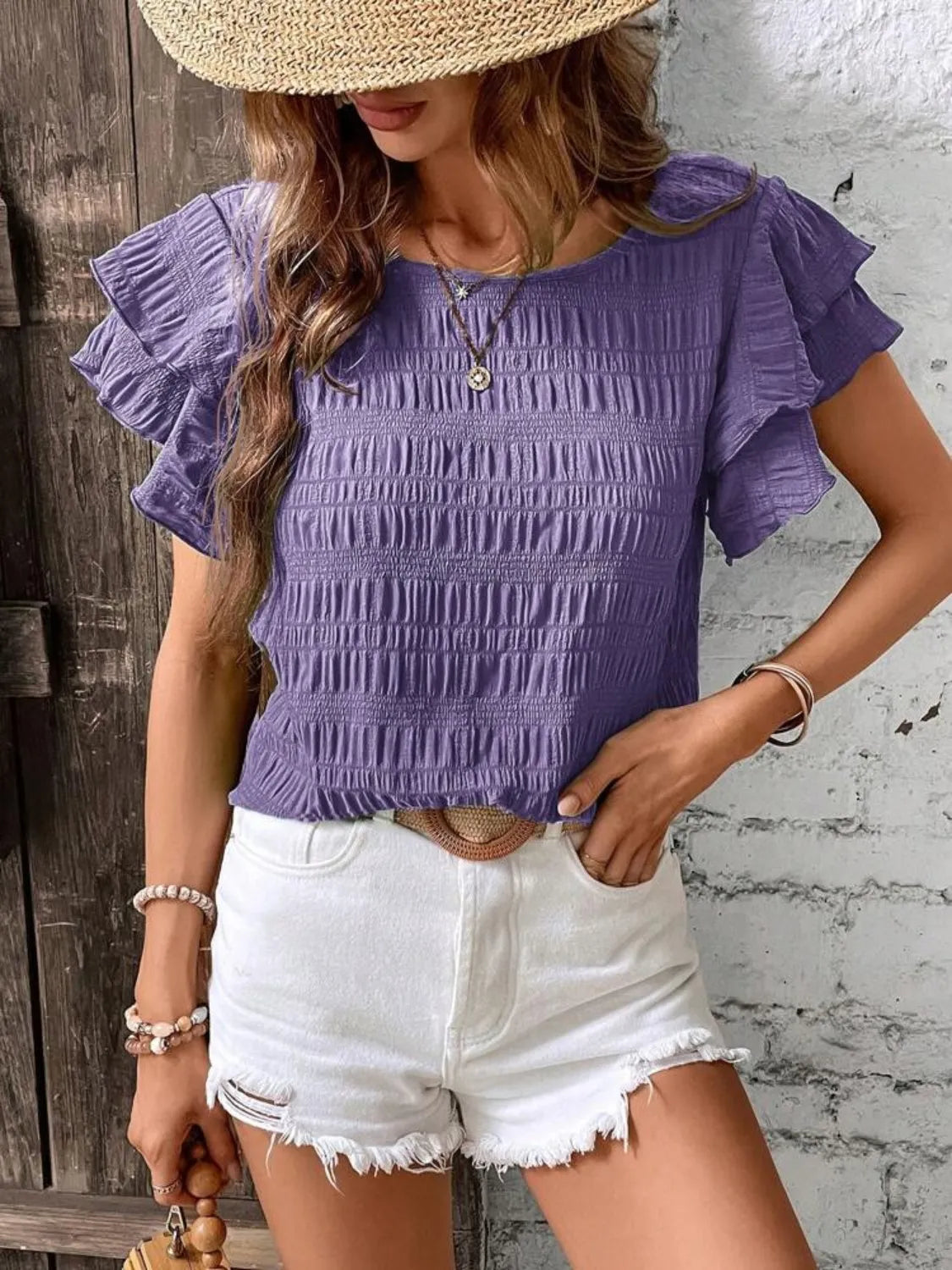Round Neck Ruffled Short Sleeve Top – Trendsi | ClozArt
