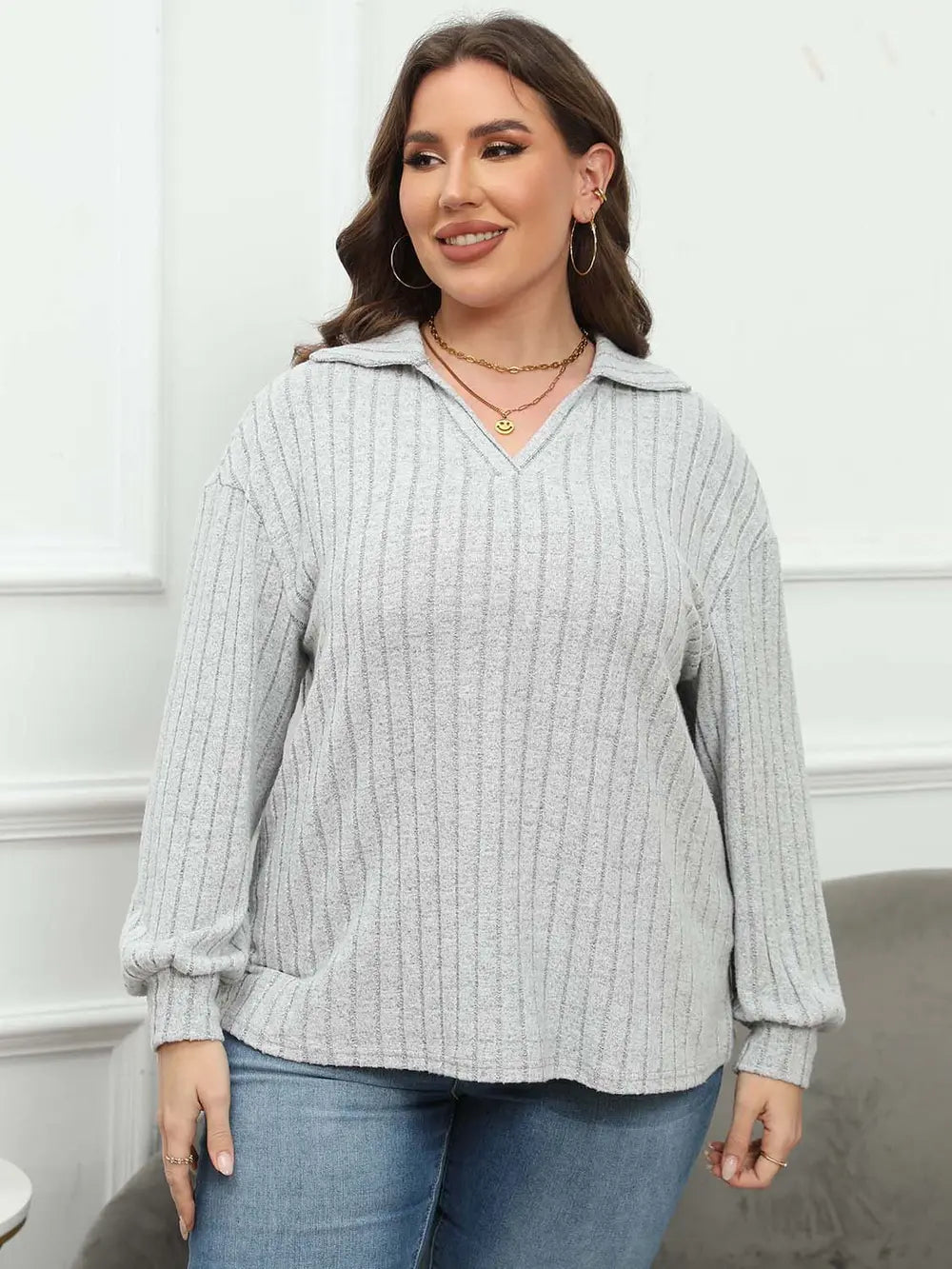 Plus Size Ribbed Collared Neck Long Sleeve Blouse – Trendsi | ClozArt