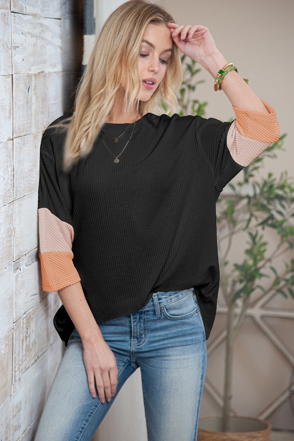 Carbon Grey Ribbed Colorblock Drop Sleeve Top – Shewin | ClozArt
