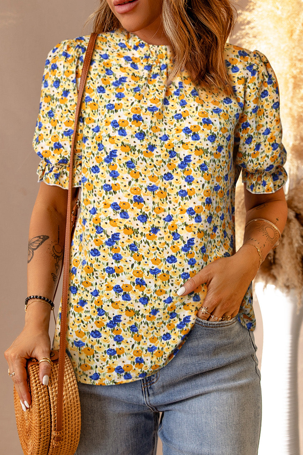 Floral Puff Sleve Keyhole Blouse – Trendsi | ClozArt