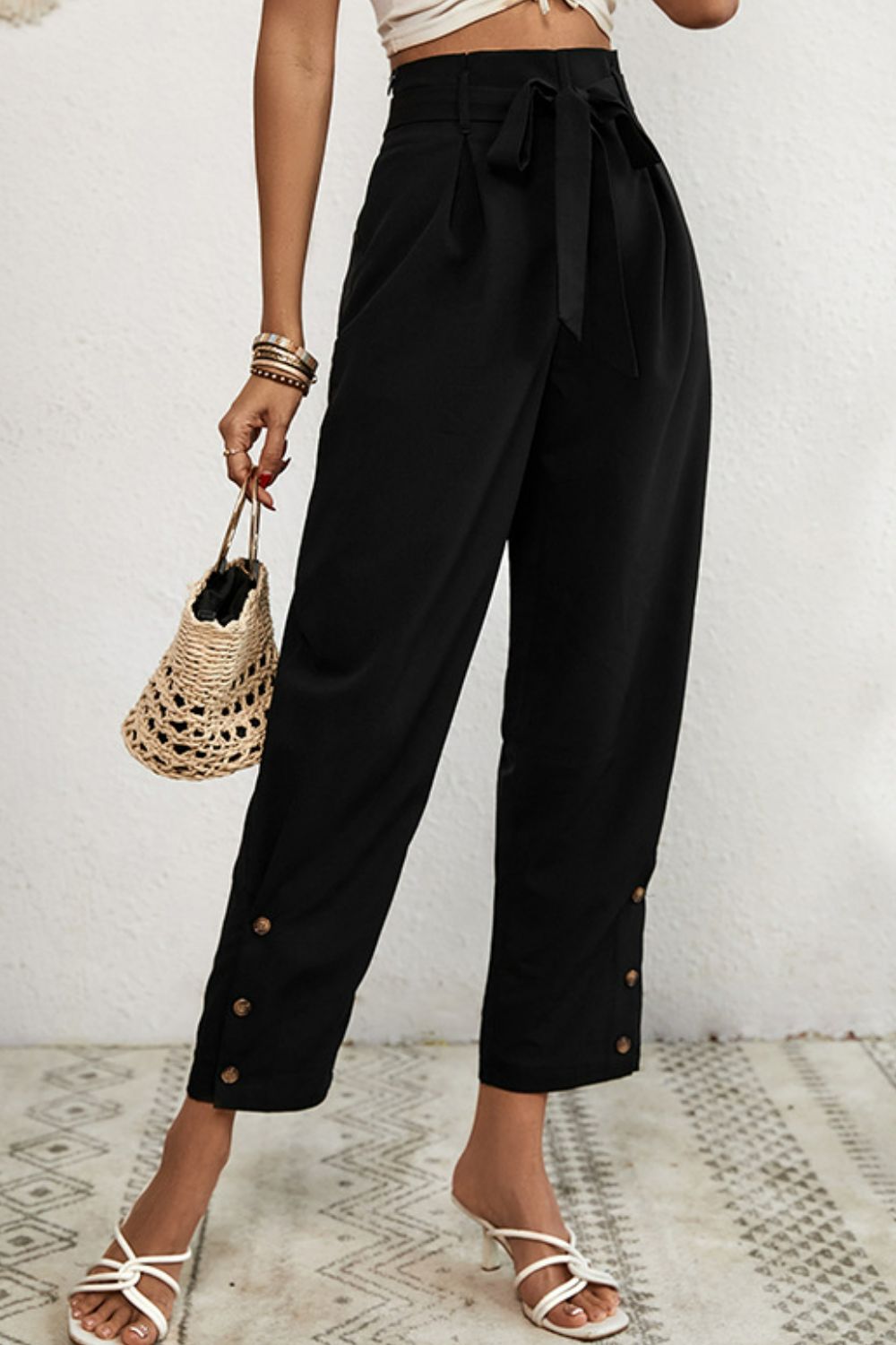 Perfee Buttoned Tie-Waist Cropped Pants – Trendsi | ClozArt