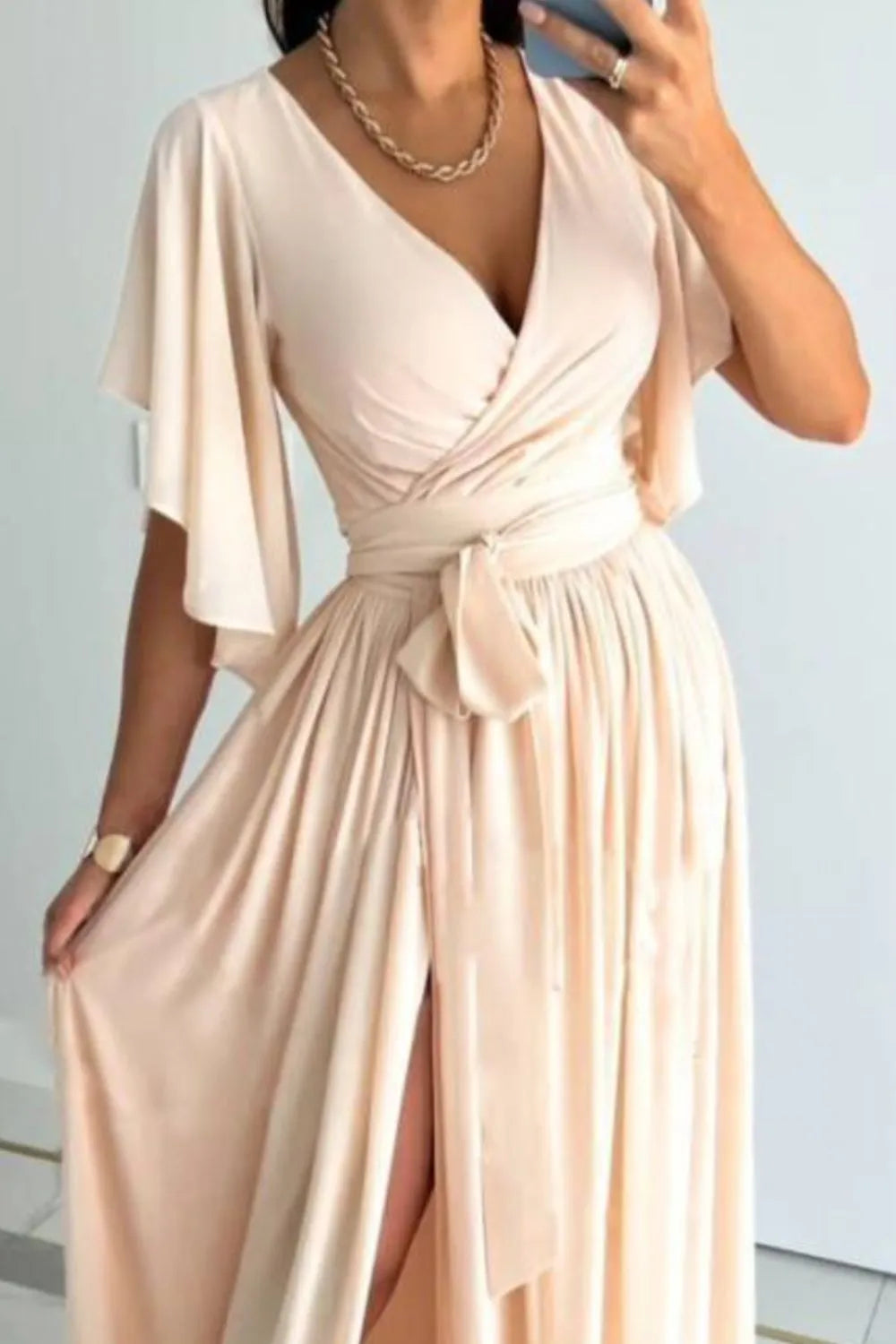Surplice Flutter Sleeve Maxi Dress – Trendsi | ClozArt