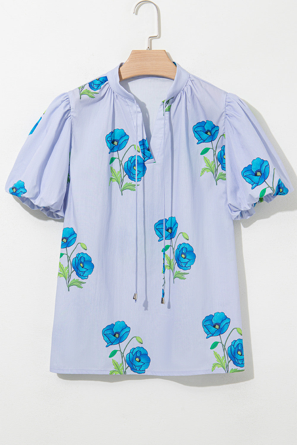 Sky Blue Floral Print Tie V-Neck Short Sleeve Blouse – Shewin | ClozArt
