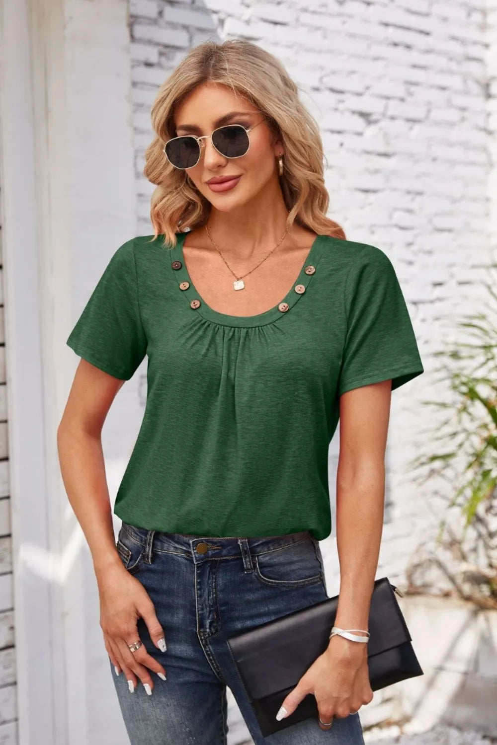 Decorative Button Scoop Neck T-Shirt – Trendsi | ClozArt