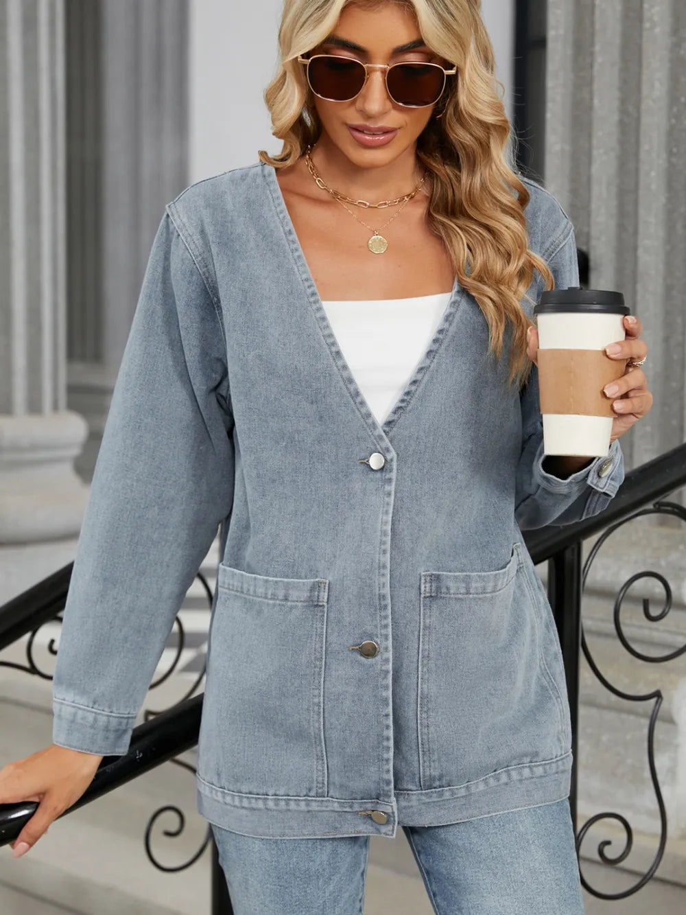 Pocketed V-Neck Button Up Denim Jacket – Trendsi | ClozArt