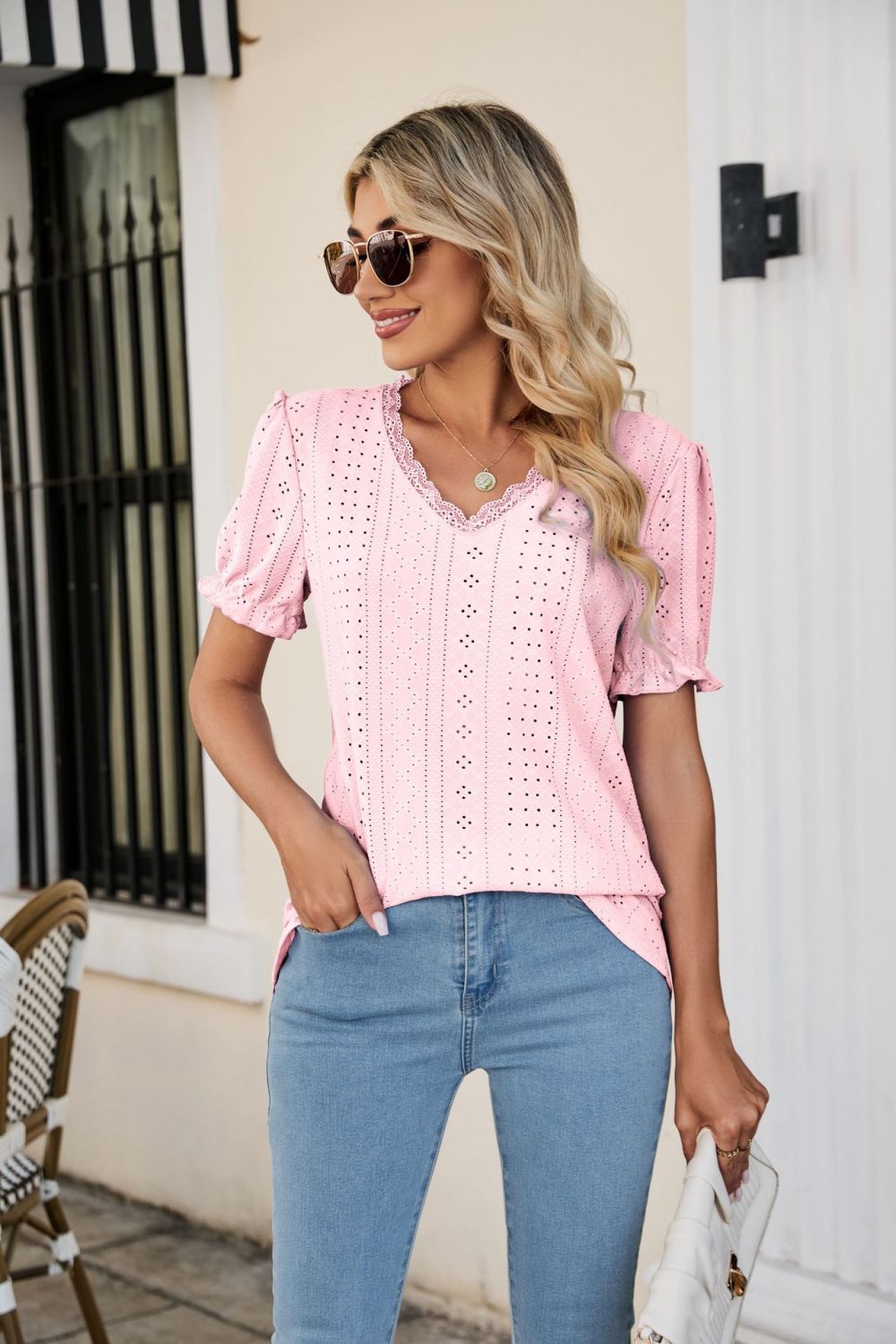 Eyelet Flounce Sleeve Scalloped V-Neck Top – Trendsi | ClozArt