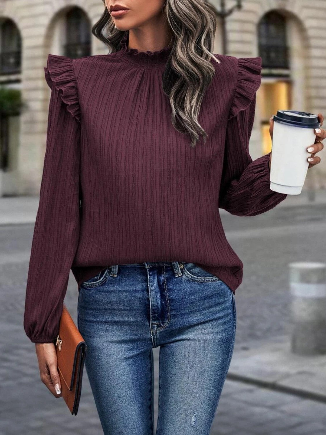 Mock Neck Ruffle Shoulder Blouse – Trendsi | ClozArt