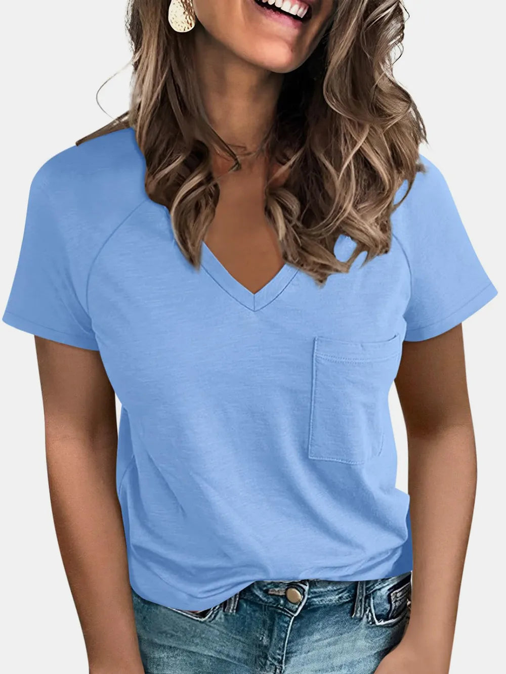Pocketed V-Neck Short Sleeve T-Shirt – Trendsi | ClozArt