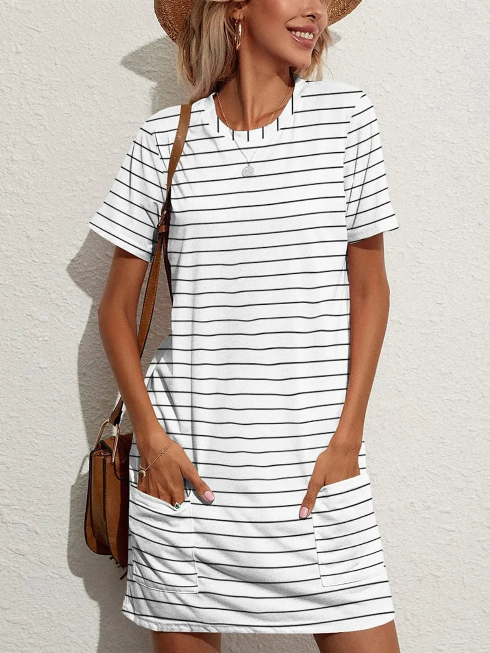 FAM-FAM Pocketed Striped Round Neck Short Sleeve Dress – Trendsi | ClozArt