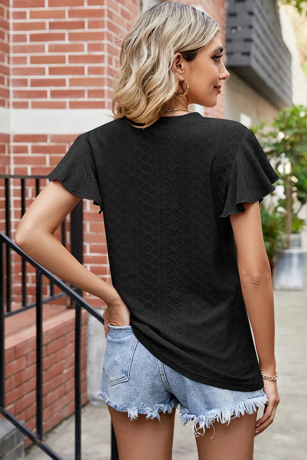 Eyelet V-Neck Flutter Sleeve T-Shirt – Trendsi | ClozArt