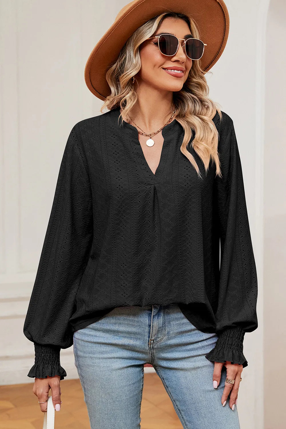 Eyelet Notched Long Sleeve T-Shirt – Trendsi | ClozArt