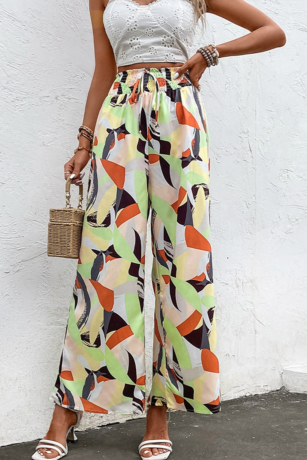 Shiny Printed Smocked Waist Wide Leg Pants – Trendsi | ClozArt